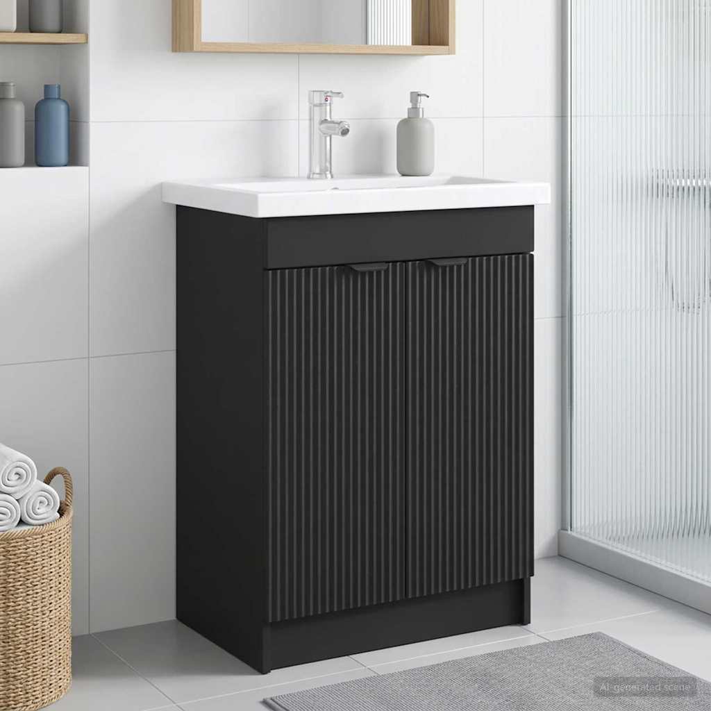 Badeværelsesskab under vask - sort 56 × 37,5 × 81 cm i konstrueret træ