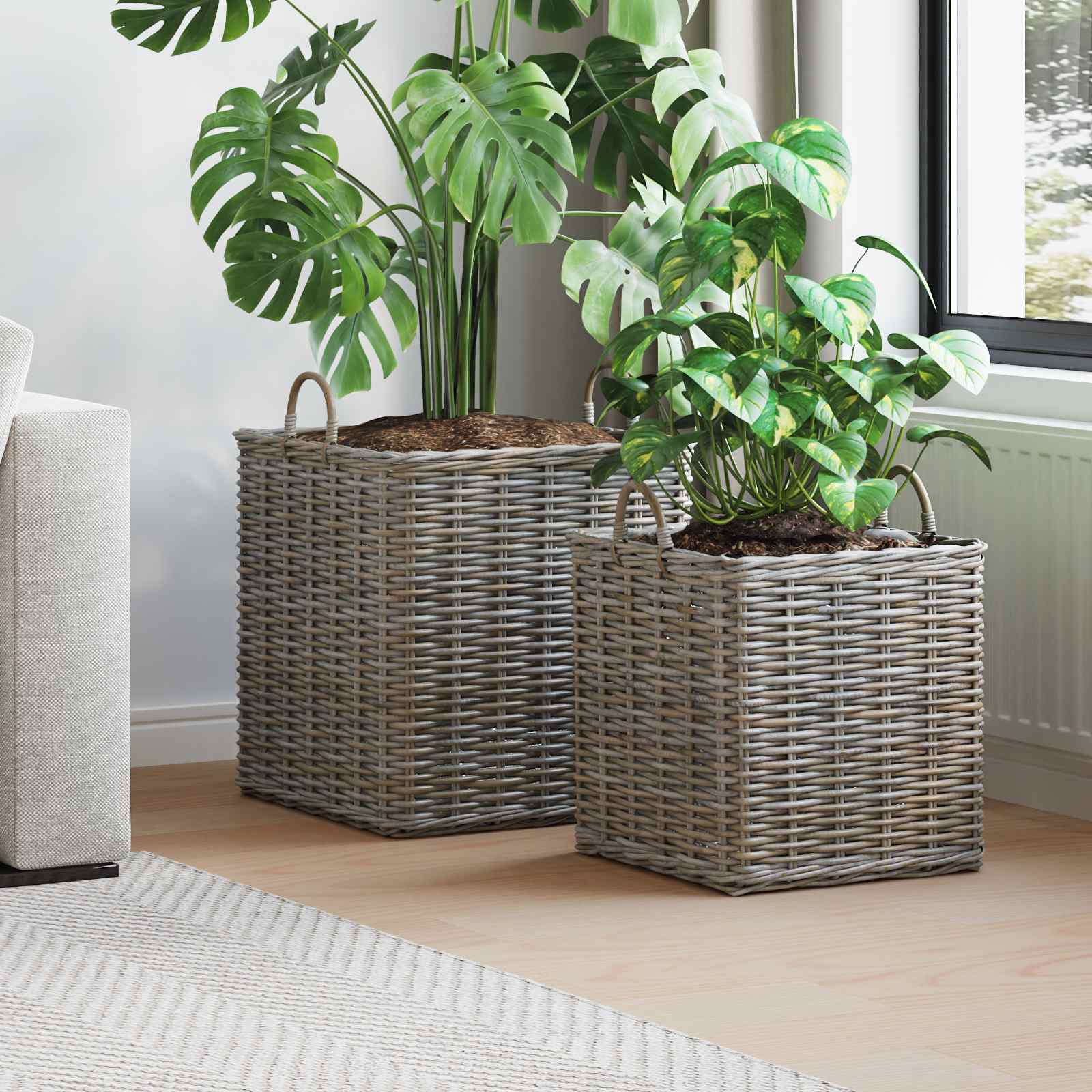 Blomsterkurv med opbevaring 2 pcs Grå Lacak Rattan