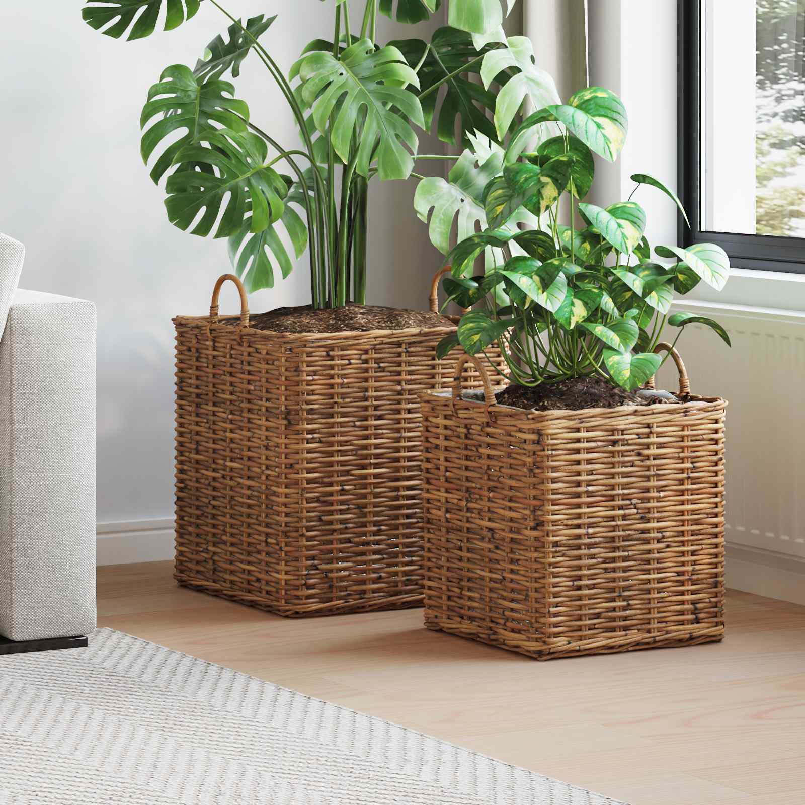 Blomsterkurv med opbevaring 2 pcs Brun Lacak Rattan