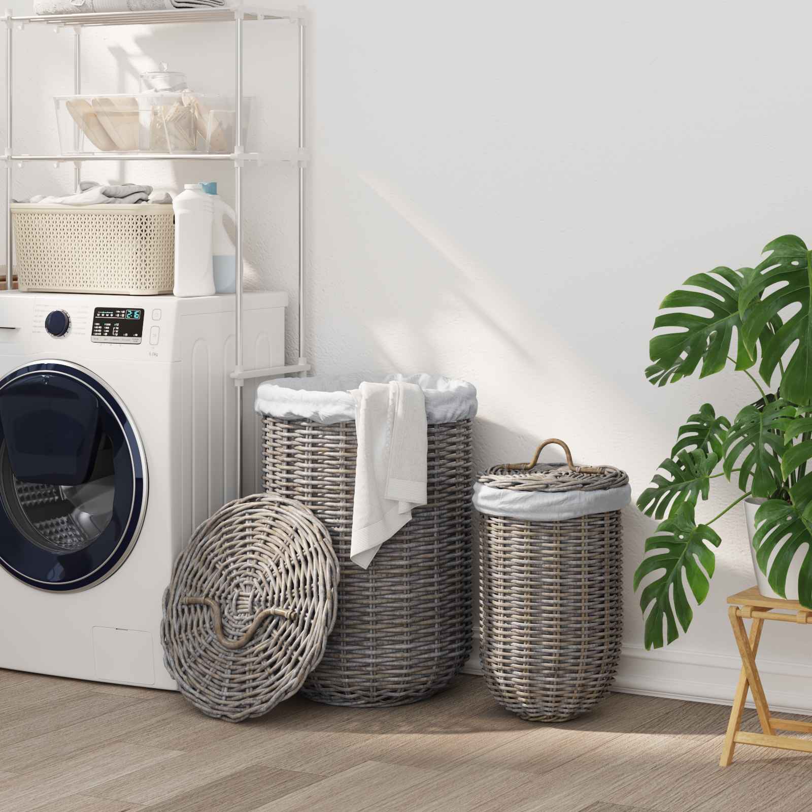 Vasketøjskurv med låg 2 pcs Kubu Grå Kubu rattan