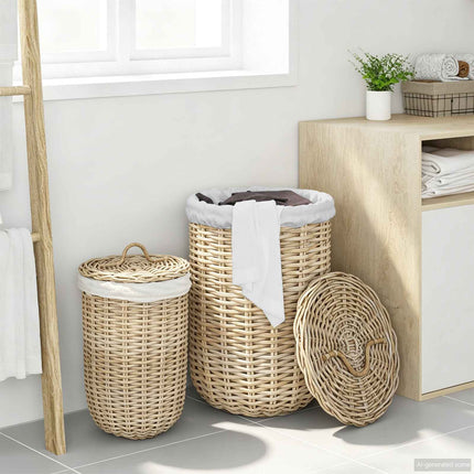 Vasketøjskurv med låg 2 stk. Naturlig grå Kubu rattan