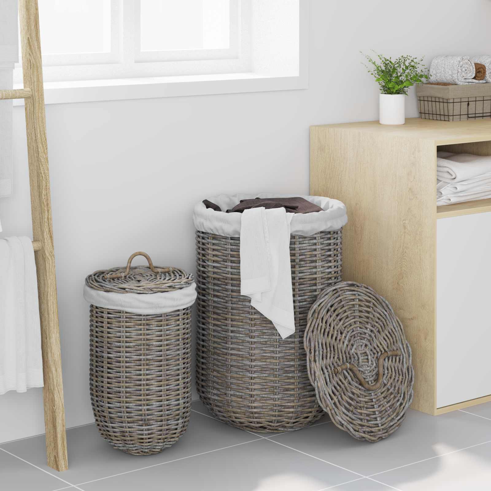Vasketøjskurv med låg 2 pcs Kubu Grå Kubu rattan