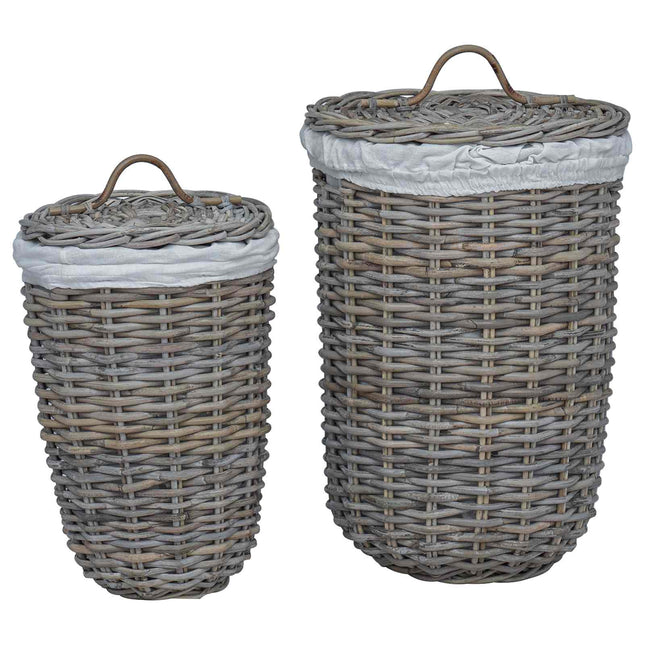 Vasketøjskurv med låg 2 pcs Naturlig grå Kubu rattan
