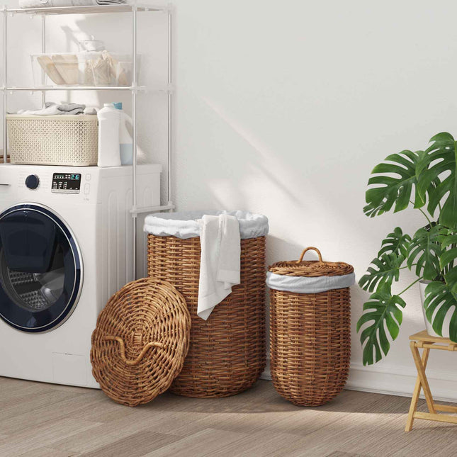 Vasketøjskurv med låg 2 pcs Naturlig Brun Kubu rattan