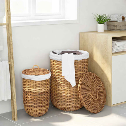 Vasketøjskurv med låg 2 pcs Naturlig Brun Kubu rattan