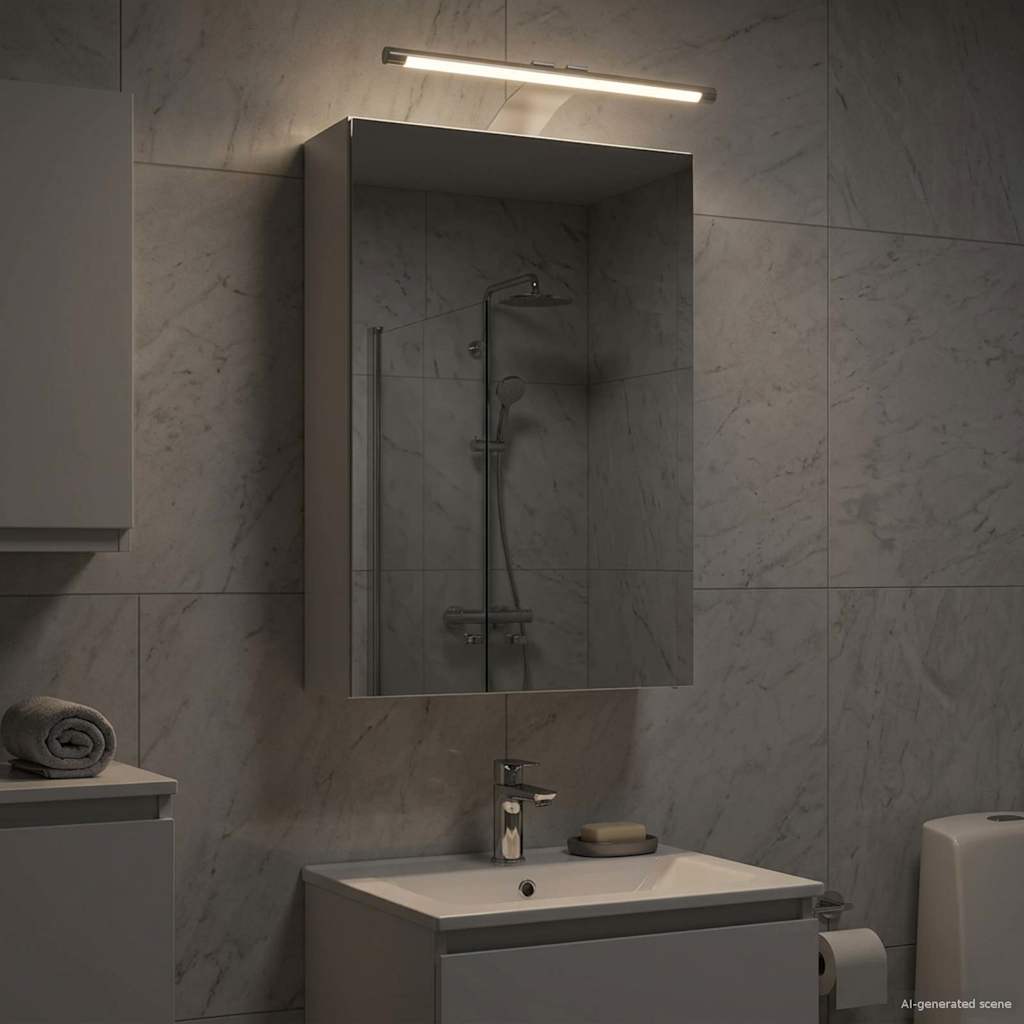 Badeværelsesspejlskab - hvid, 30 × 10,5 × 50 cm, konstrueret træ med LED-lys