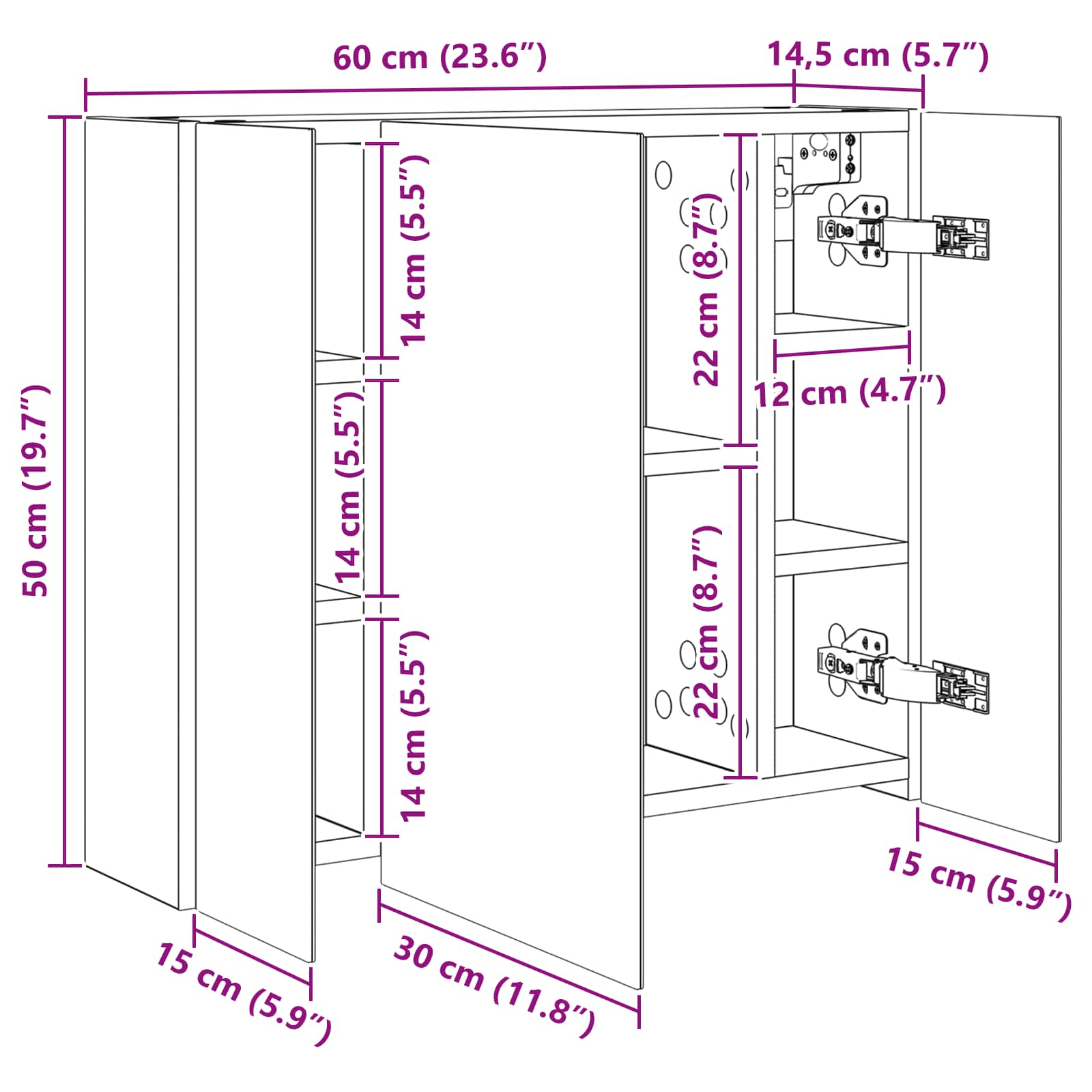 Badeværelsesspejlskab Hvid 60 x 14,5 x 50 cm Konstrueret træ