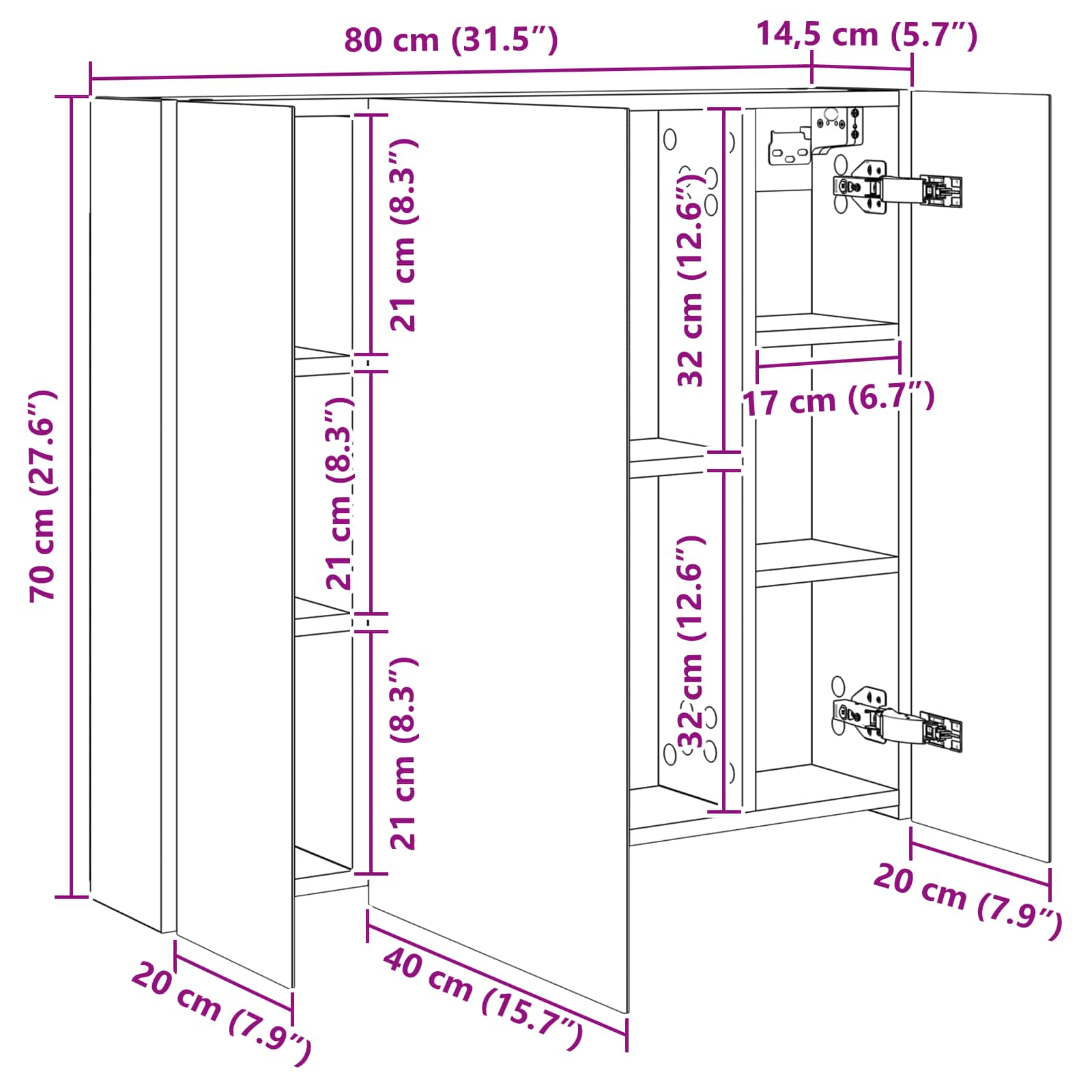 Badeværelsesspejlskab Hvid 80 x 14.5 x 70 cm Konstrueret træ