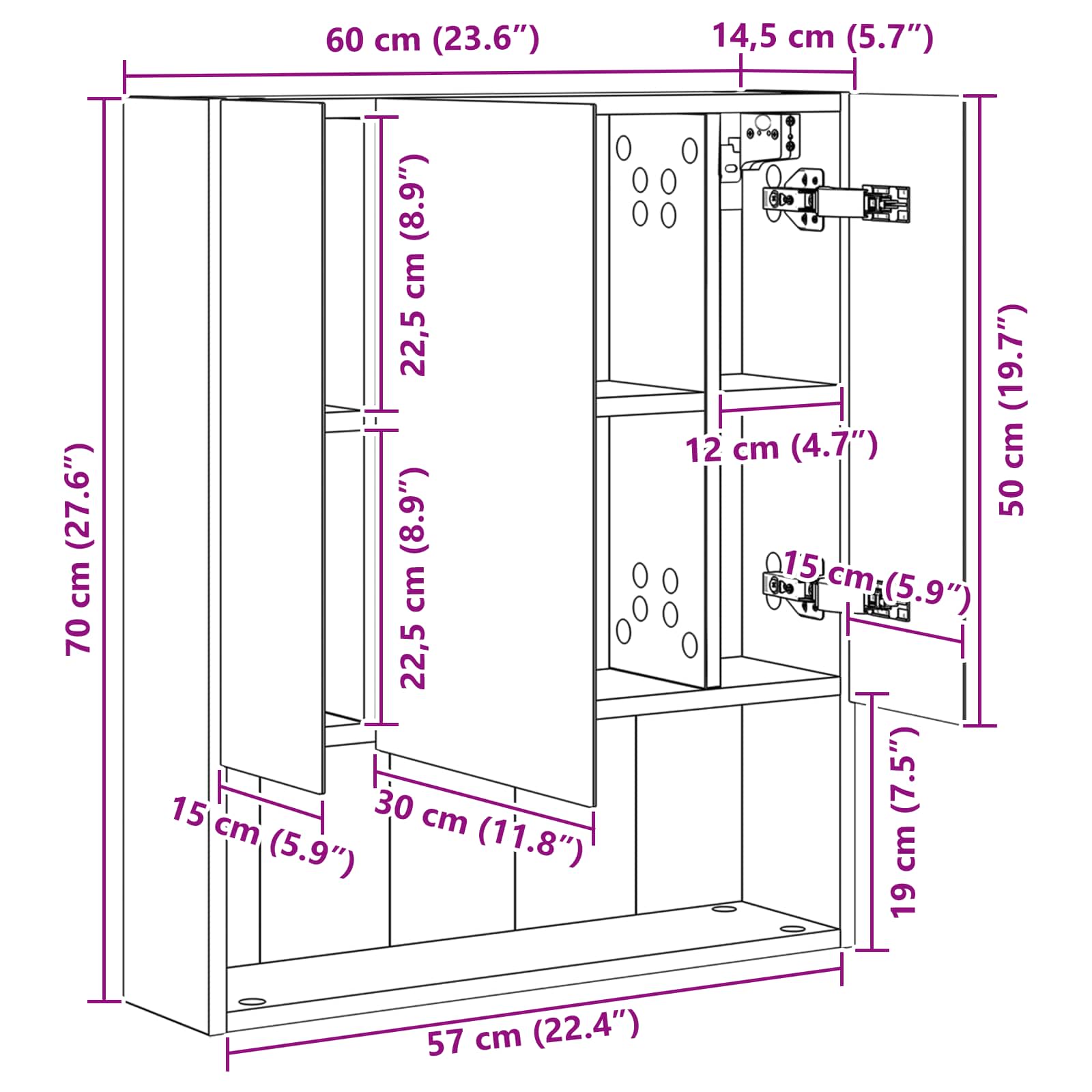 Badeværelsesspejlskab med hylde Røget eg 60 x 14.5 x 70 cm