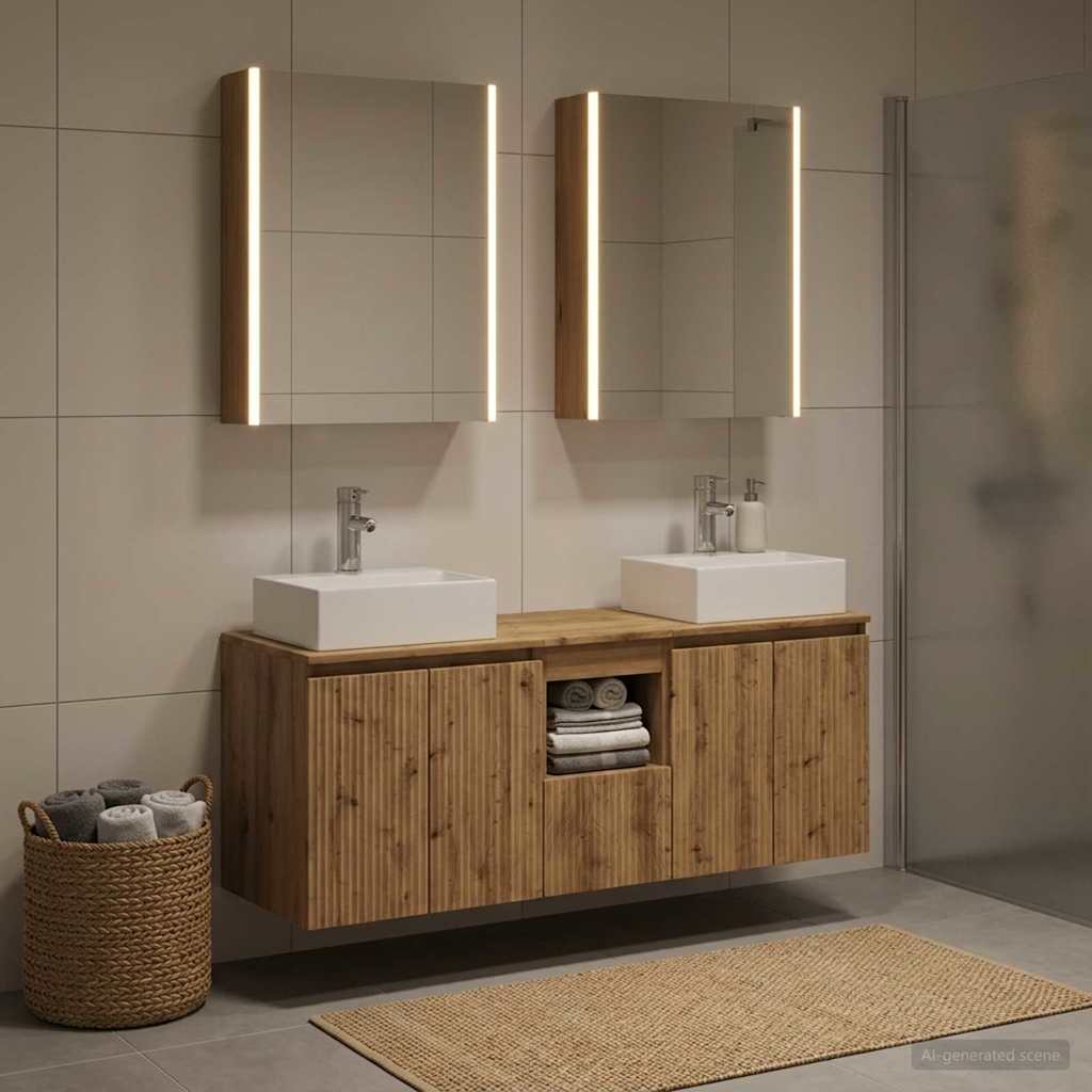 Badeværelsesskabsæt i artisan-eg - 5 dele, vægmonteret med LED-spejlskabe