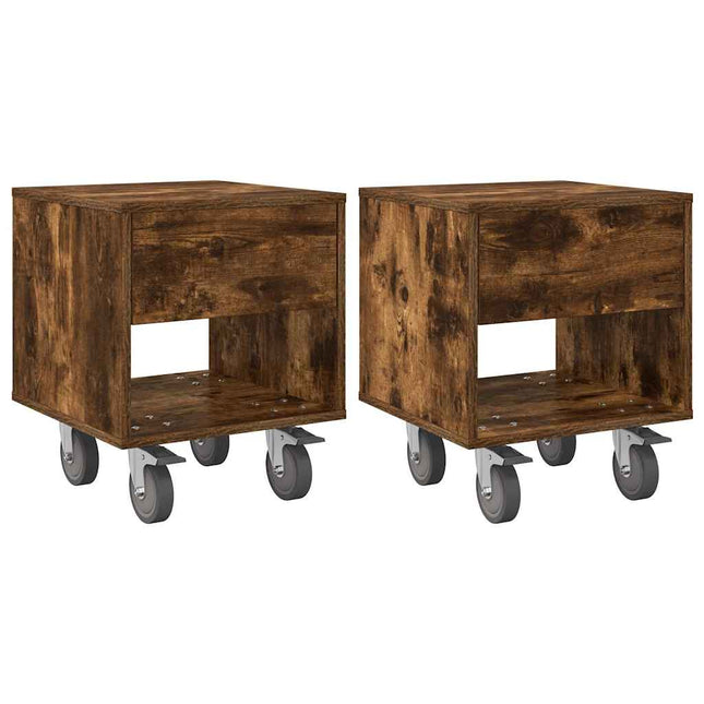 Sengebord 2 stk. Røget eg 40,5 x 40 x 48 cm Konstrueret træ