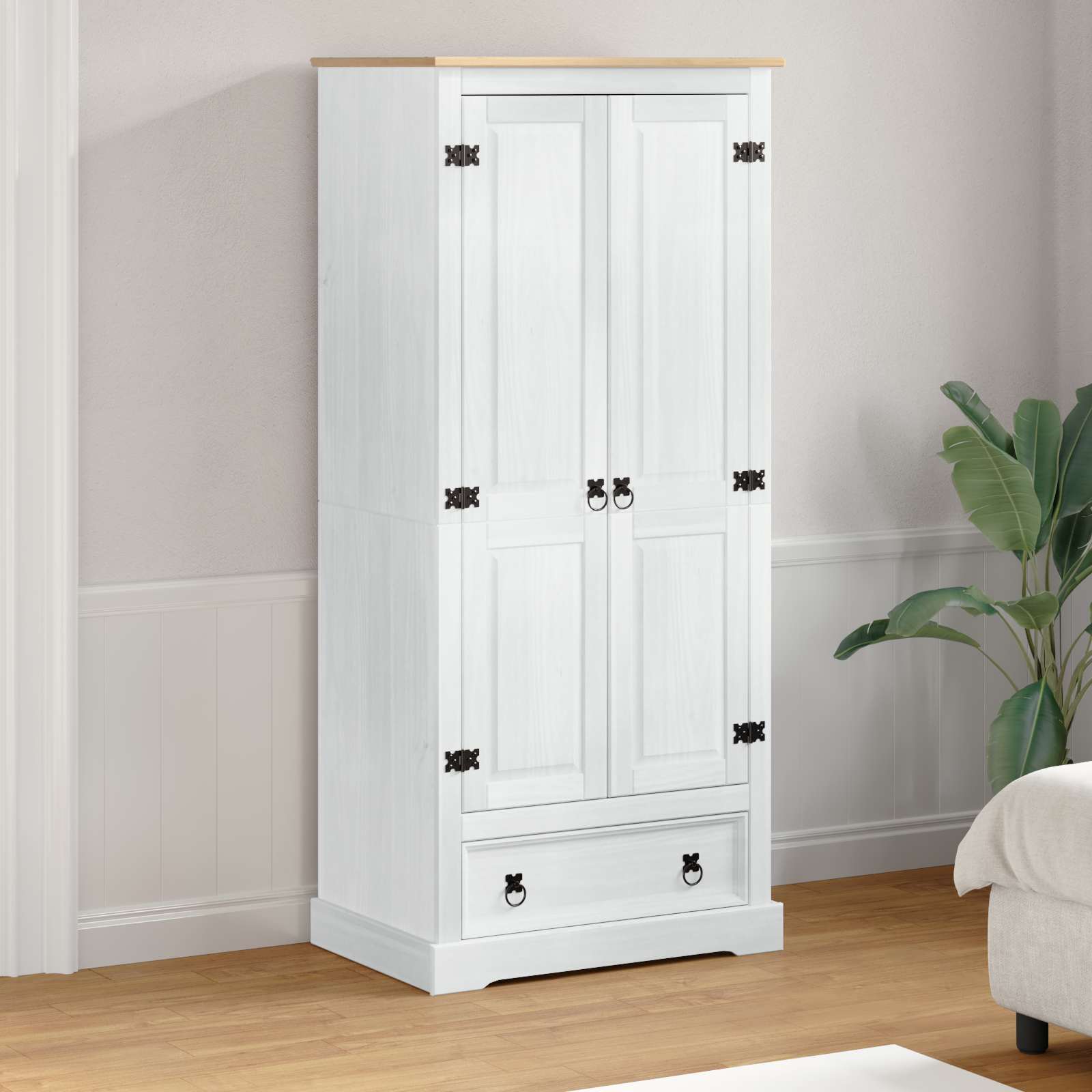 vidaXL Garderobe med skuffe - Garderobeskab - Massiv Fyrretræ - 76x50x170 cm - Hvid
