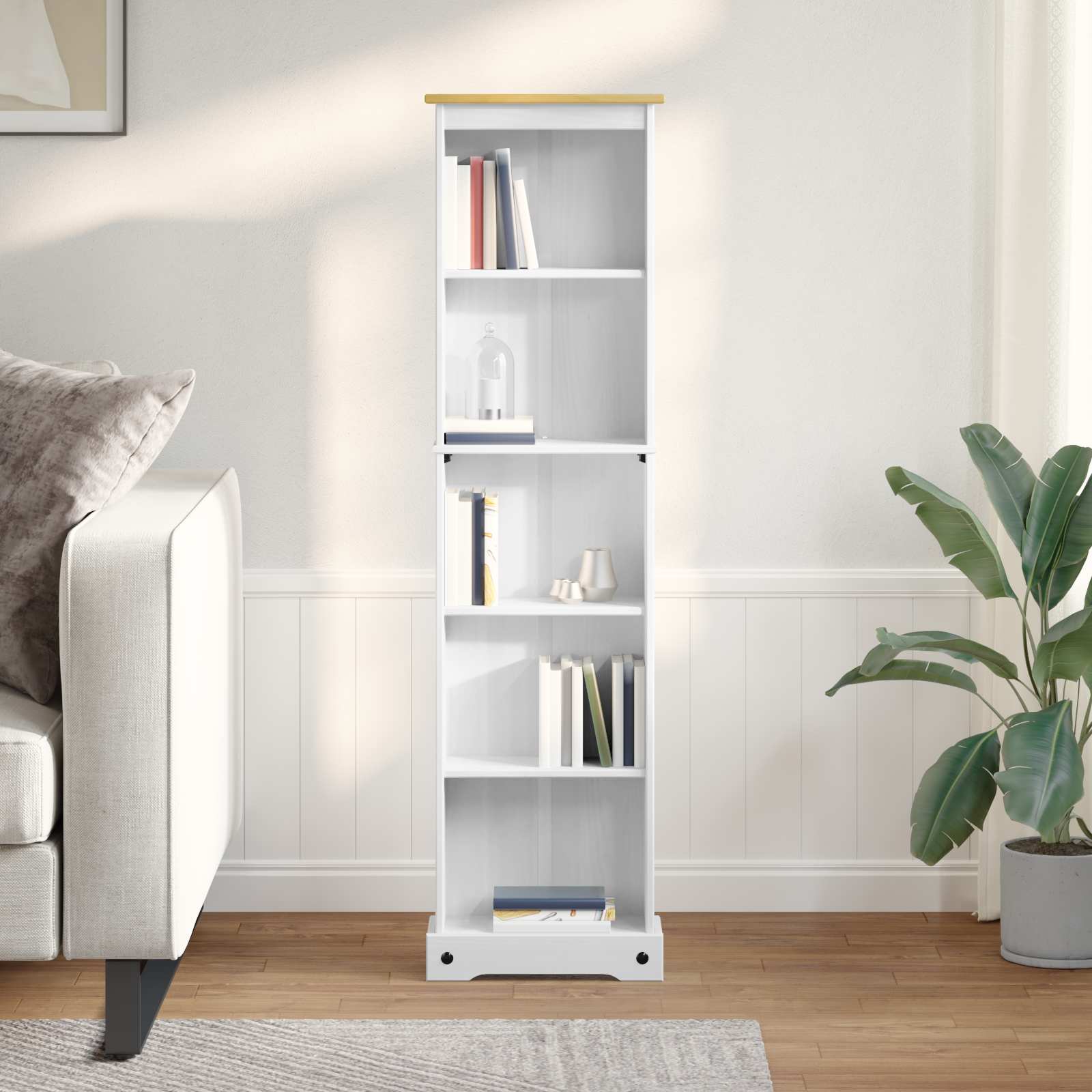 Bogreol i hvidt massiv fyrretræ - 46 × 20 × 170 cm, høj reol med 5 hylder