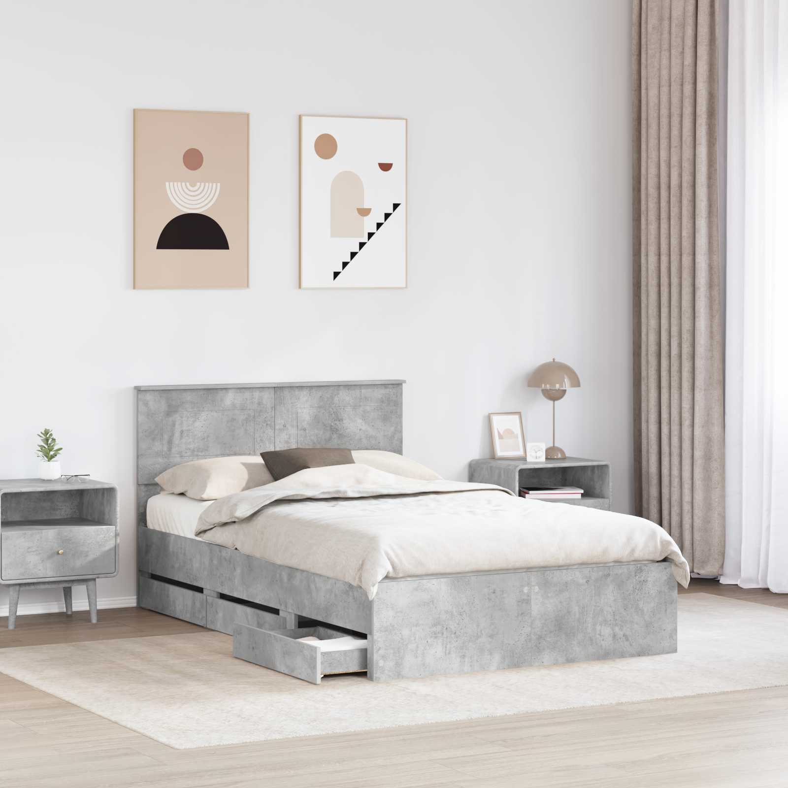 Sengestel med skuffe Beton Grå 135 x 190 cm Ingeniørtræ