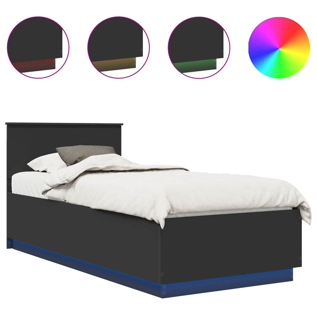 Sengestel med LED -strimmellys Sort 90 x 200 cm Konstrueret træ