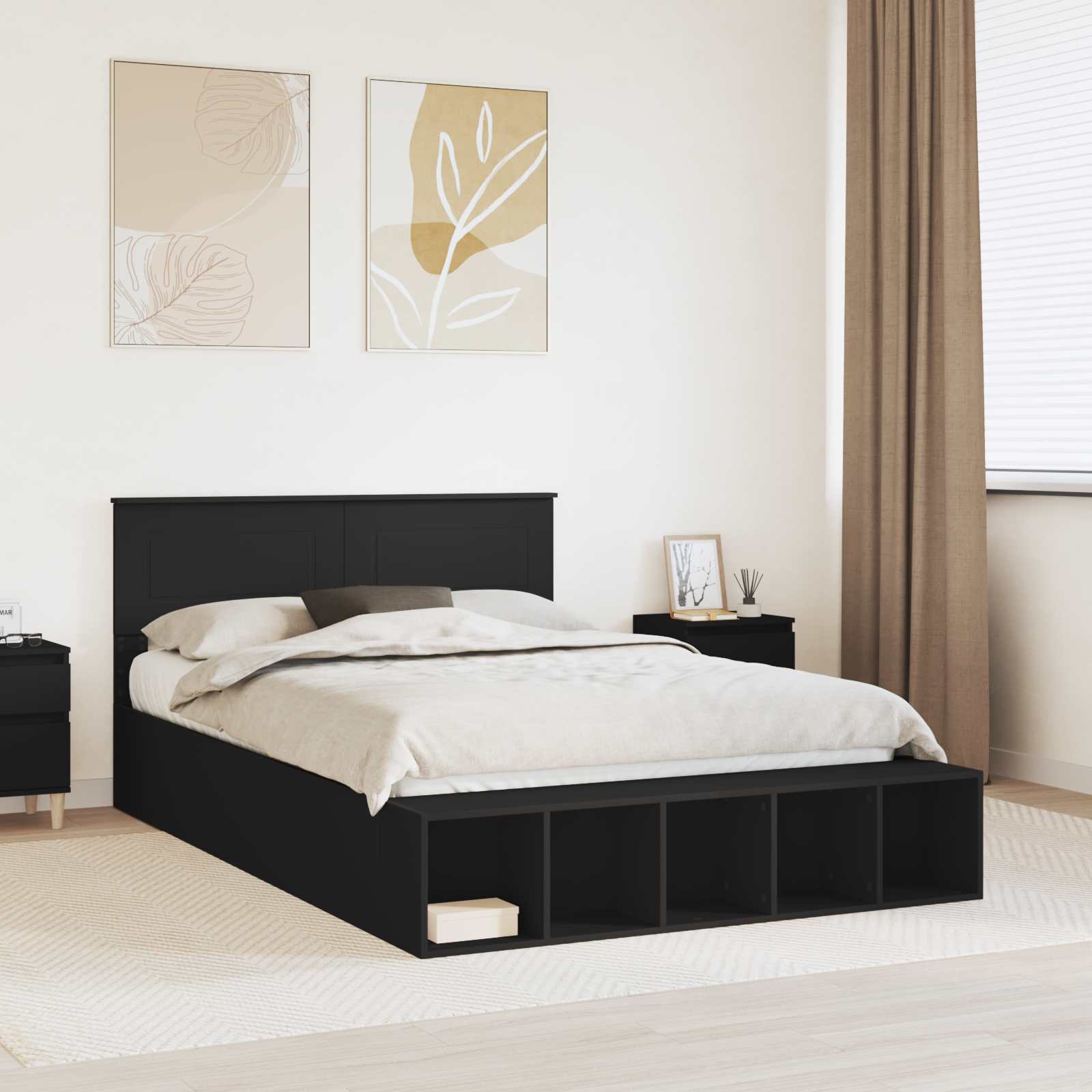 Sengestel med hylde Sort 150 x 200 cm Konstrueret træ
