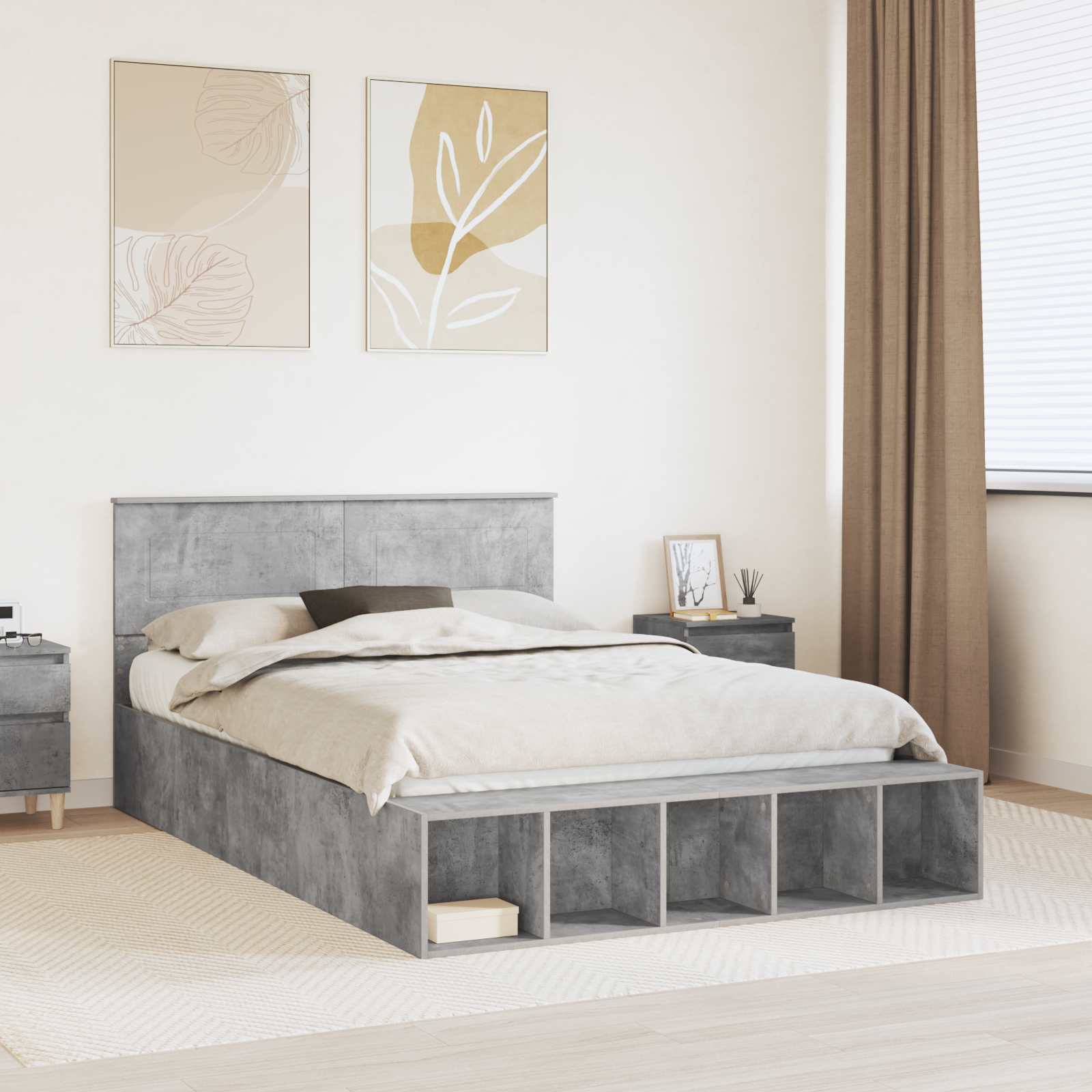 Sengestel med hylde Beton Grå 150 x 200 cm Konstrueret træ