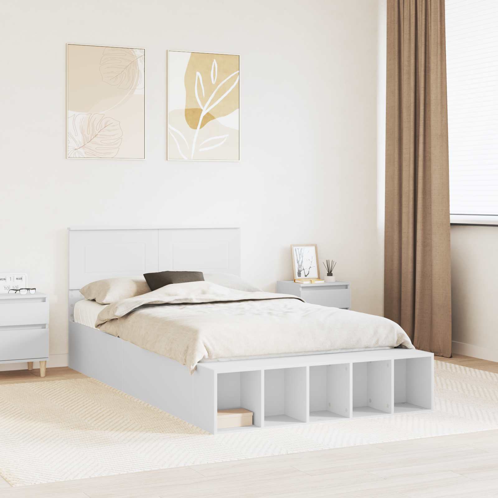 Sengestel med hylde Hvid 135 x 190 cm Konstrueret træ