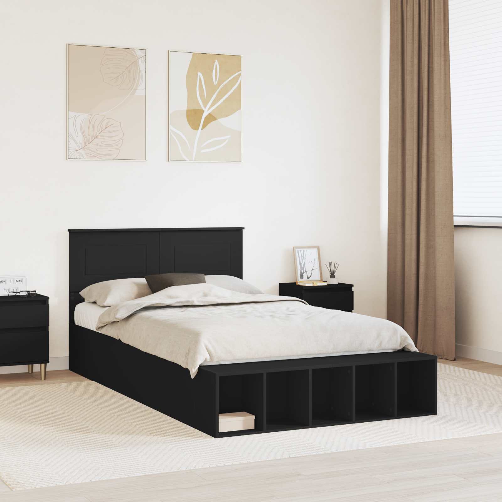 Sengestel med hylde Sort 135 x 190 cm Konstrueret træ