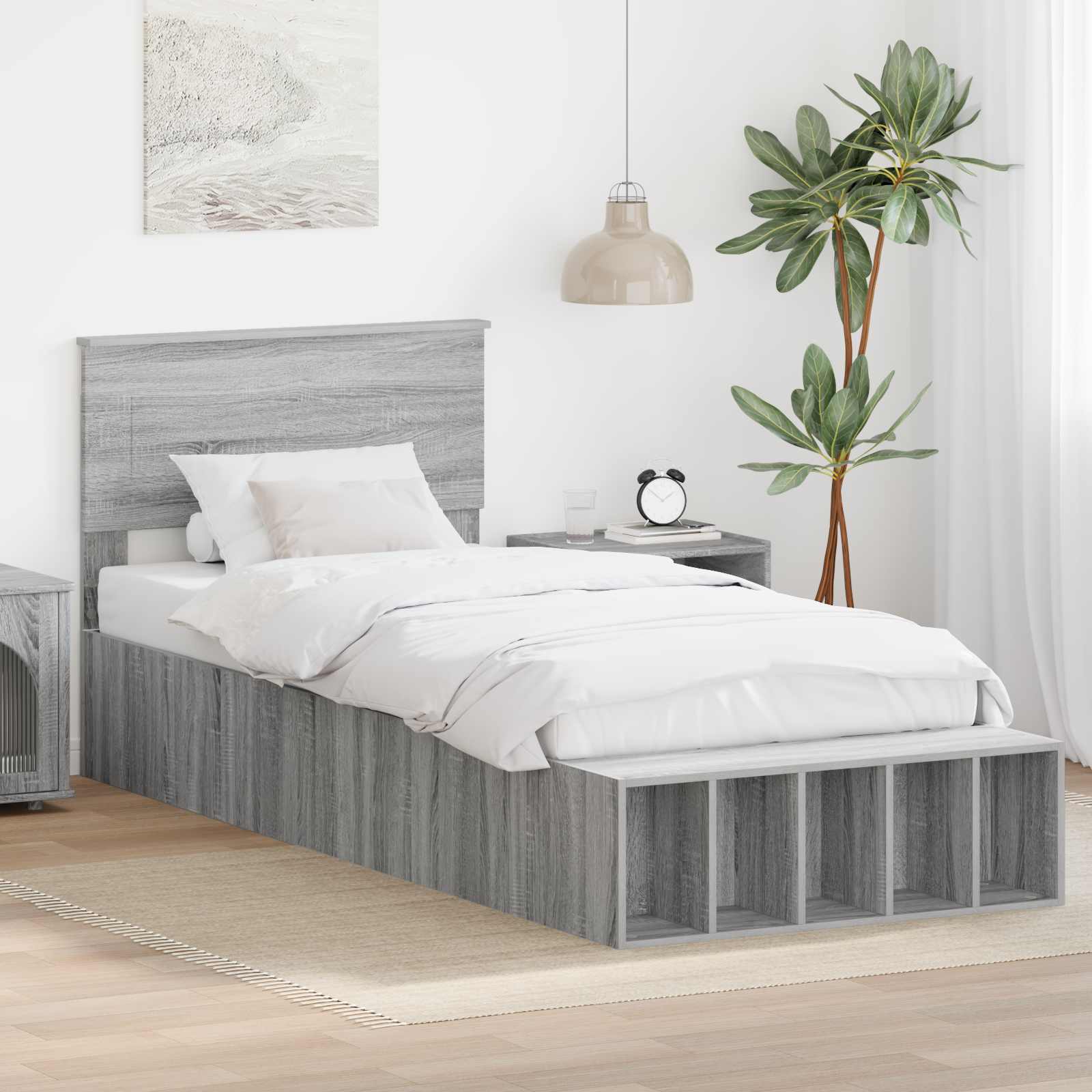 Sengestel med hylde Grå Sonoma 100 x 200 cm Konstrueret træ
