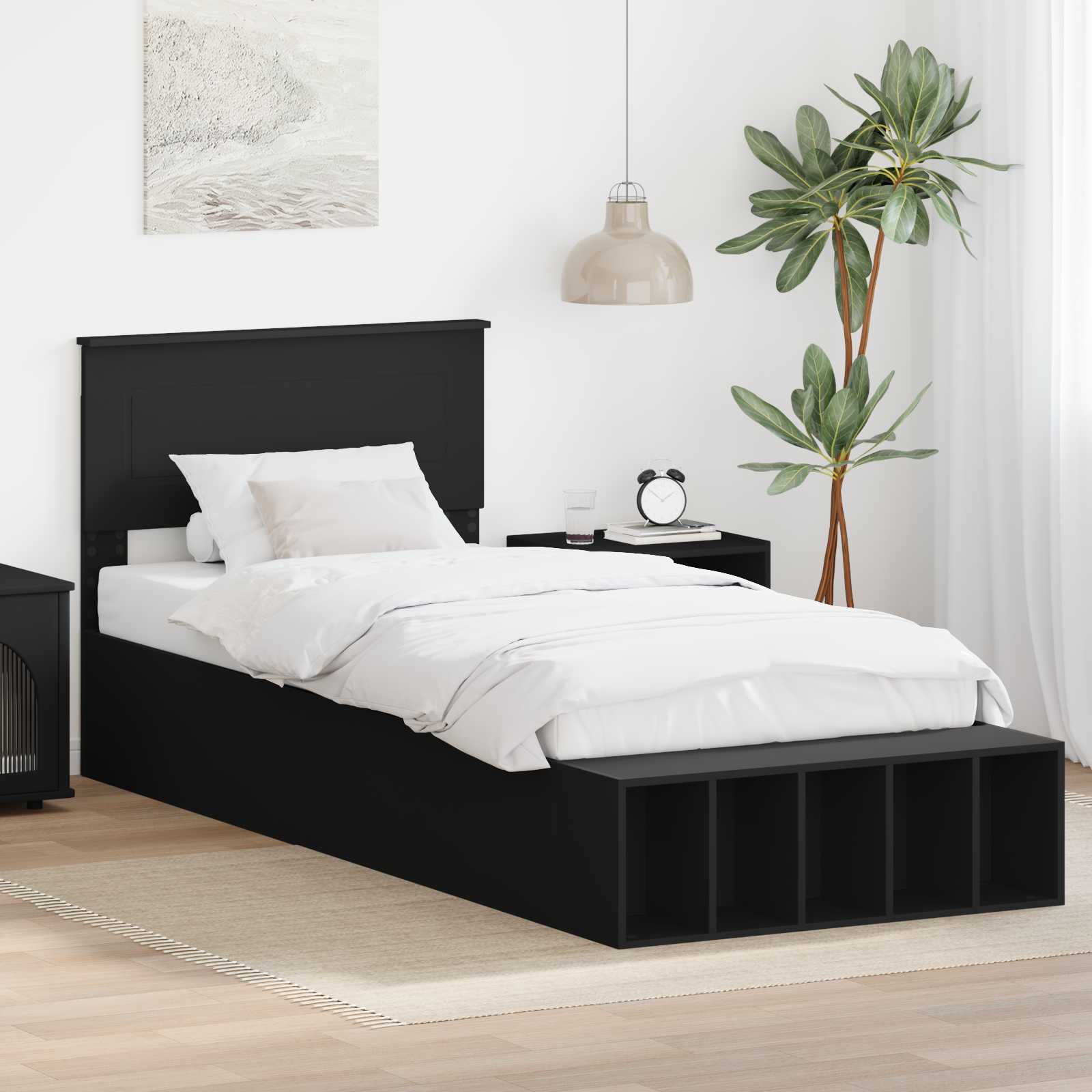 Sengestel med hylde Sort 75 x 190 cm Konstrueret træ