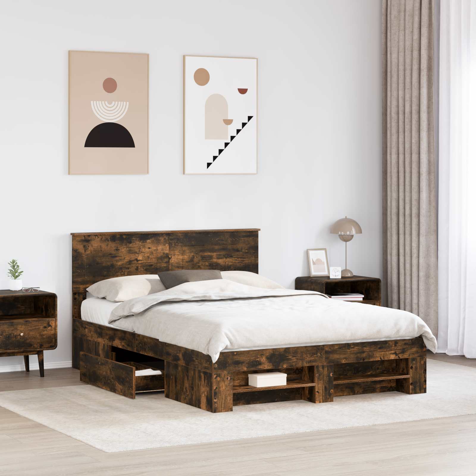 Sengestel med hovedgærde Røget eg 140 x 200 cm Konstrueret træ
