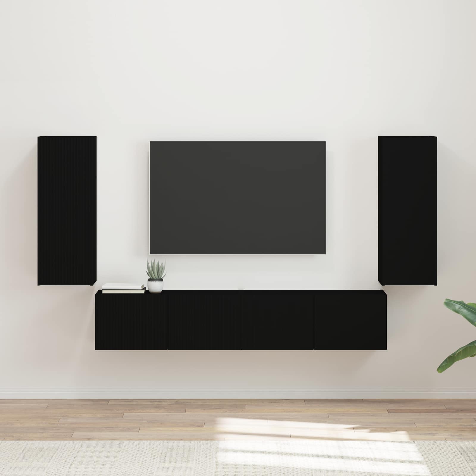 Tv vægskab sæt Vægmonteret 4 pcs Sort Konstrueret træ