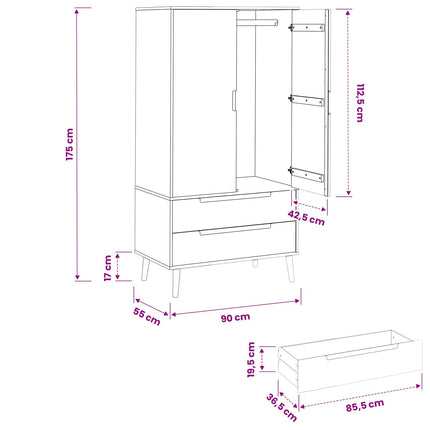 Garderobeskab MOLDE Sort 90 x 55 x 175 cm Massivt fyrretræ