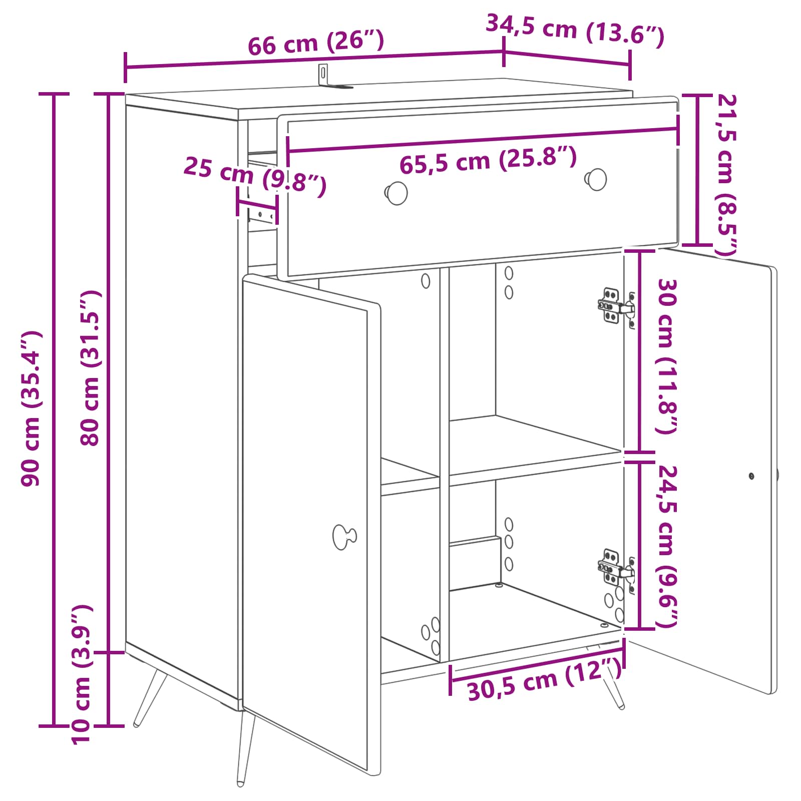 Sideboard Sonoma-eg 66 x 34,5 x 90 cm Konstrueret træ
