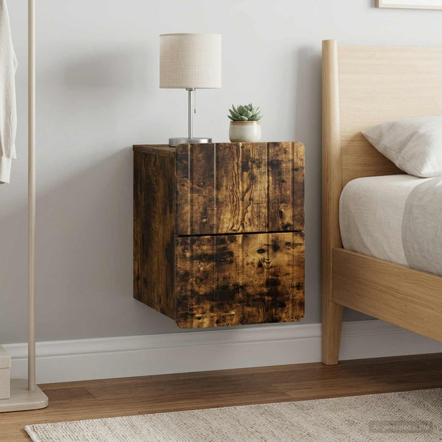 Væghængt Natbord 2 stk. Røget eg 33 x 34,5 x 43 cm