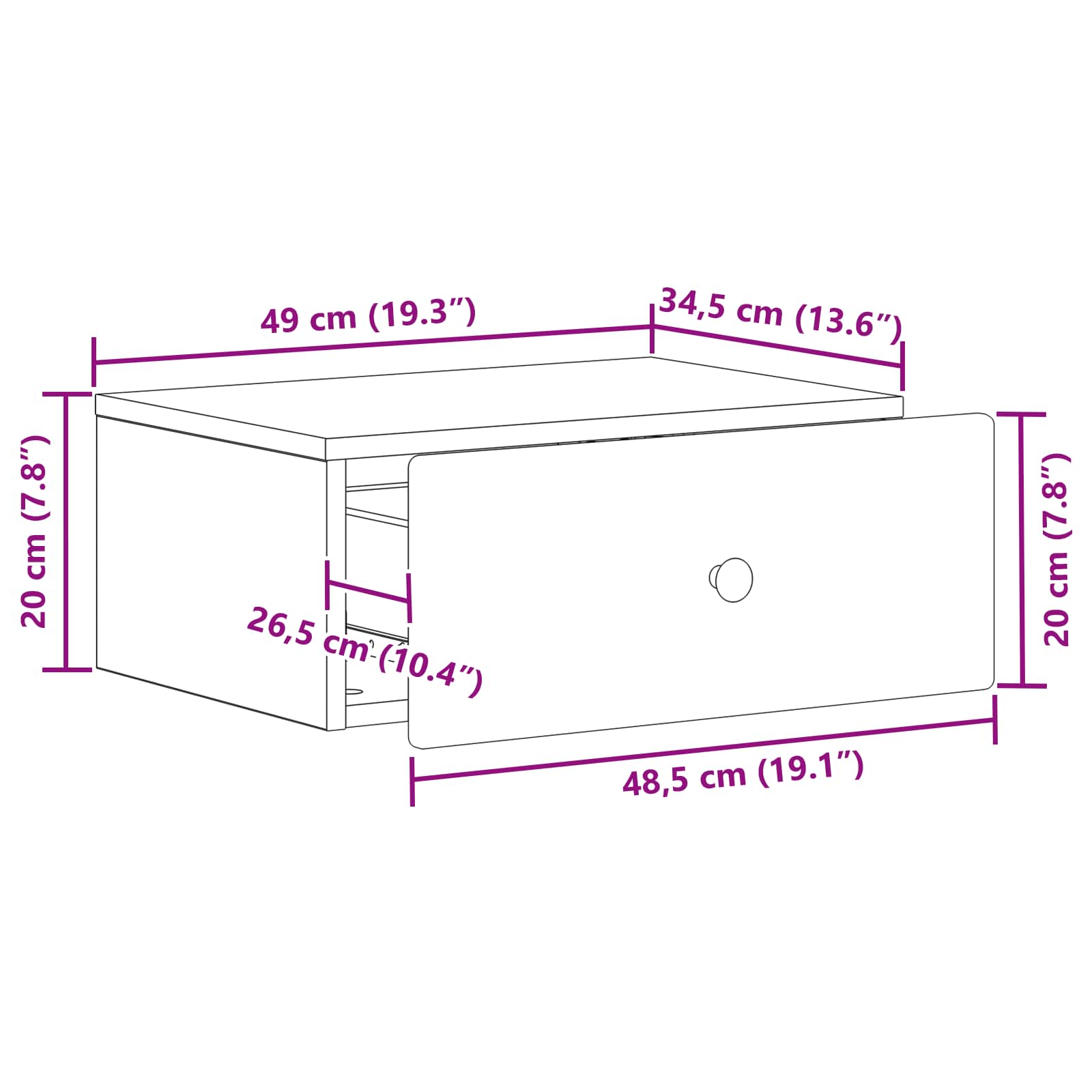 Væghængt Natbord med skuffe 2 pcs Betongrå 49 x 34,5 x 20 cm