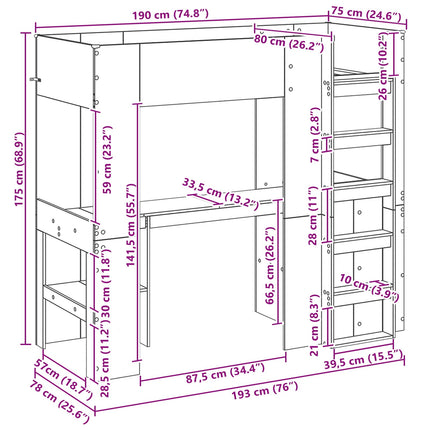 Loft Sengestel med Skrivebord Artisan Egetræ 75 x 190 cm