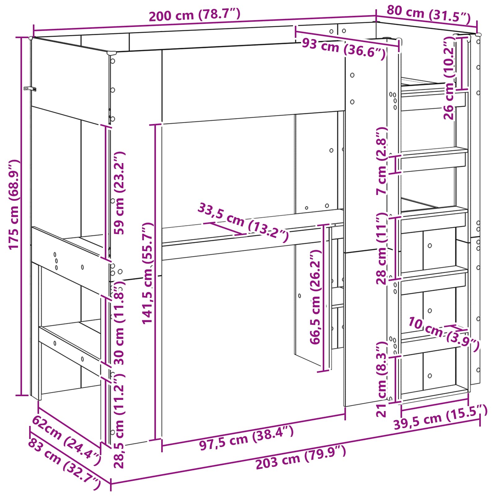 Loft Sengestel med Skrivebord Grå Sonoma 80 x 200 cm
