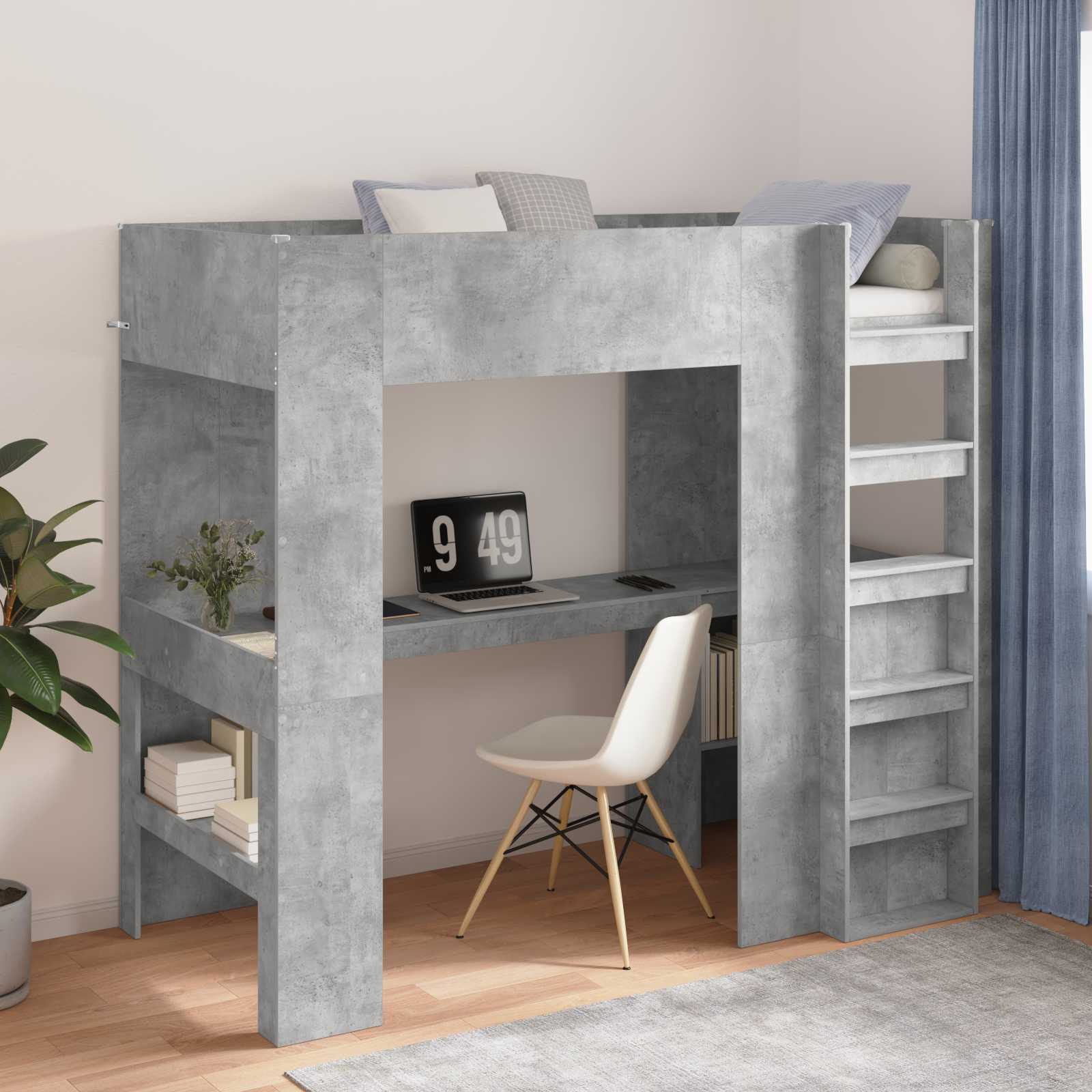 Loft Sengestel med Skrivebord Beton Grå 90 x 200 cm
