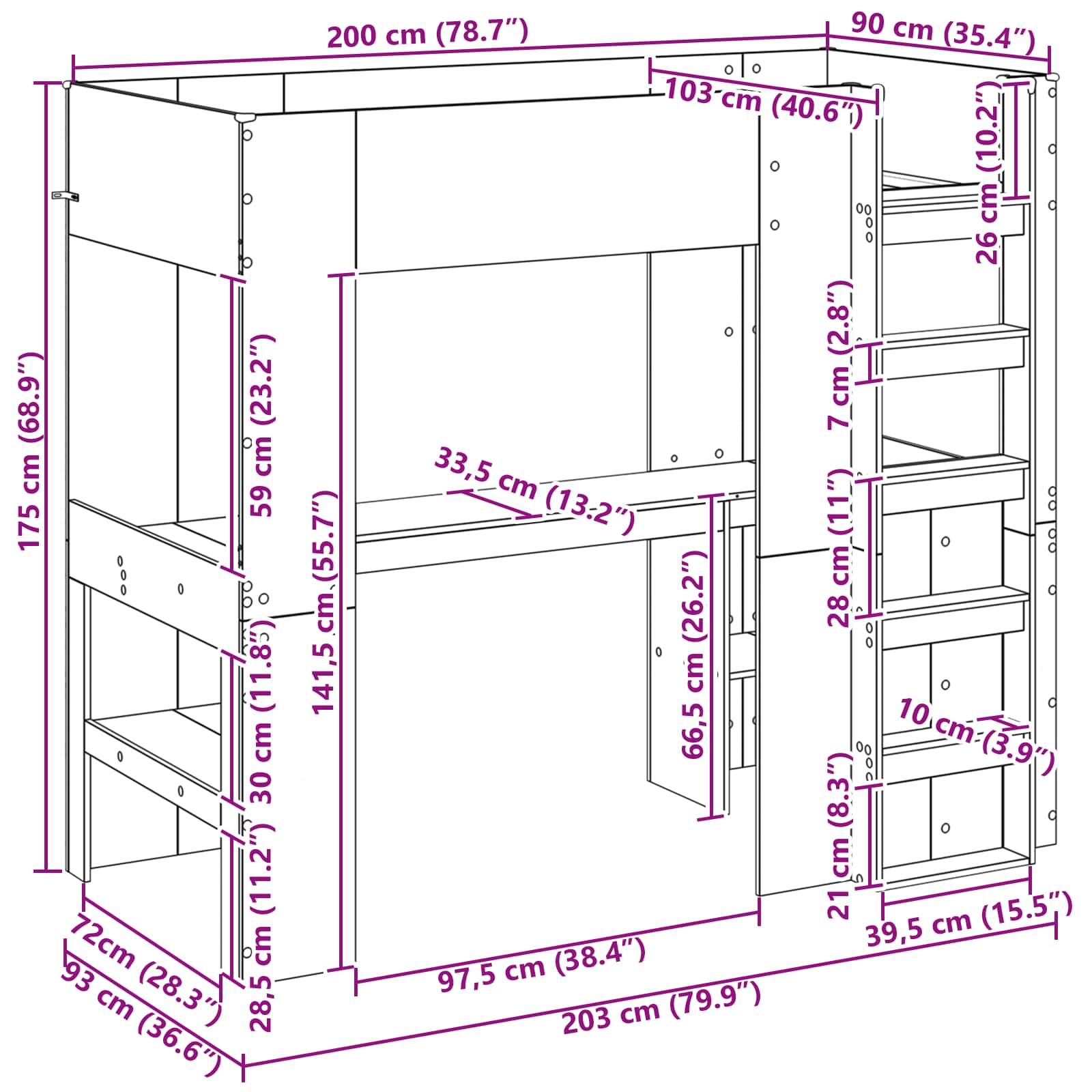 Loft Sengestel med Skrivebord Beton Grå 90 x 200 cm