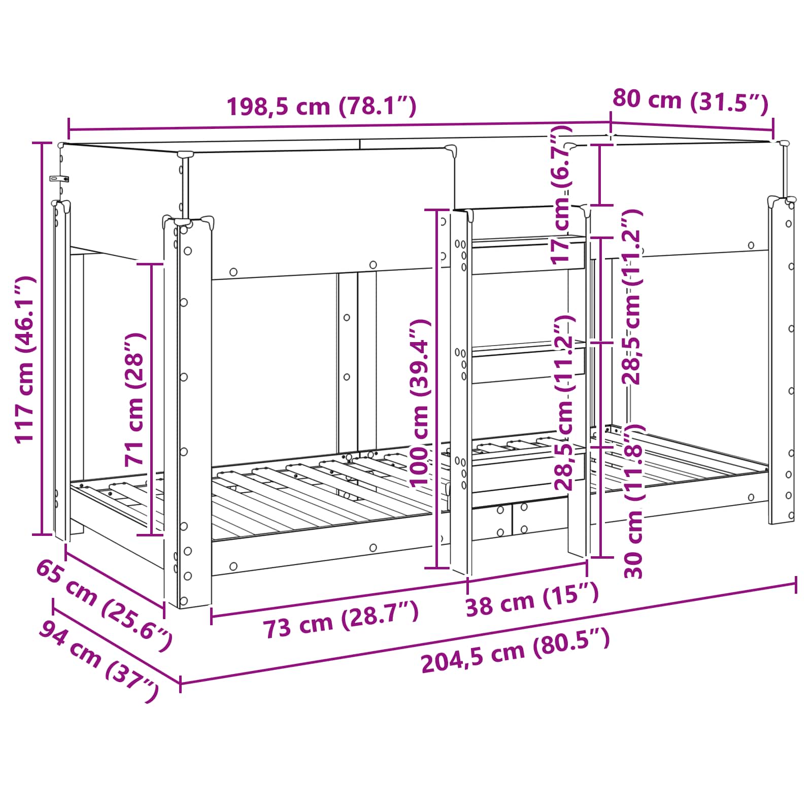 Køjeseng til Børn Røget eg 80 x 200 cm Konstrueret træ