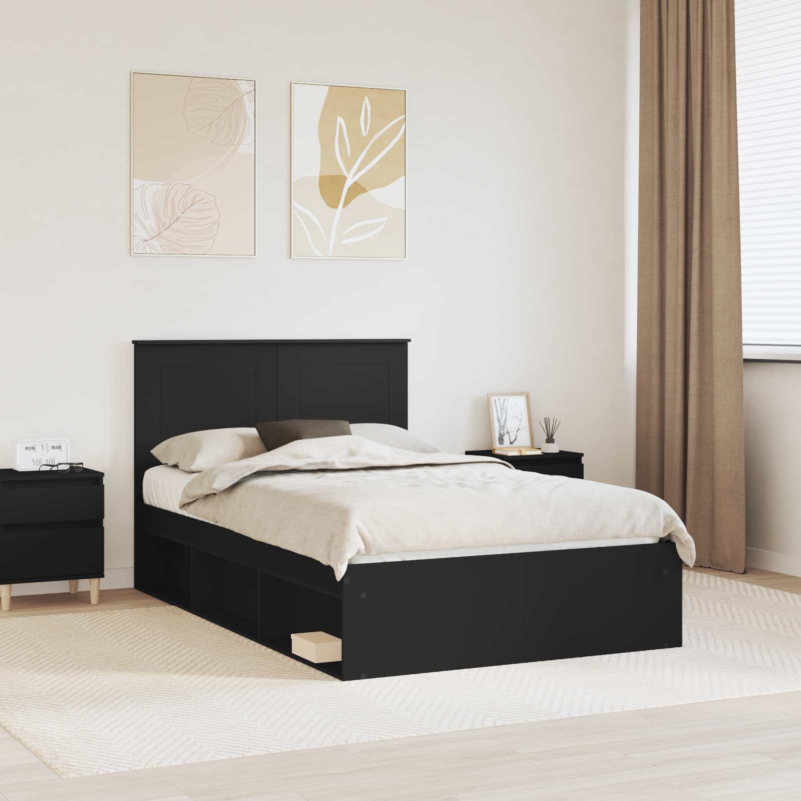Sengestel med hovedgærde Sort 135 x 190 cm Massiv fyrretræ