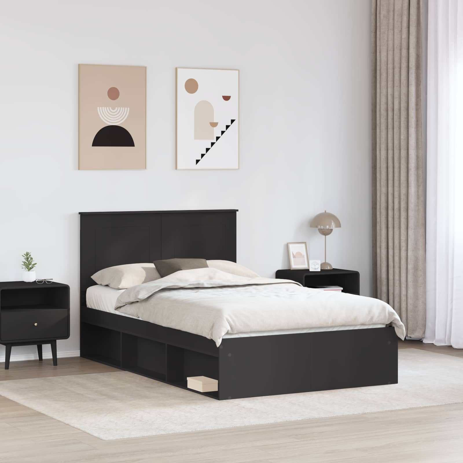 Sengestel med hovedgærde Sort 135 x 190 cm Massiv fyrretræ