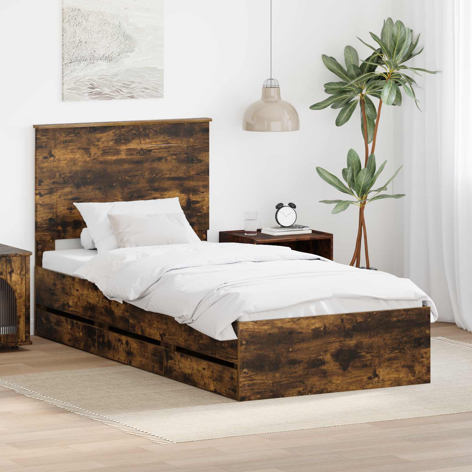 Sengestel med skuffe Røget eg 90 x 200 cm Ingeniørtræ