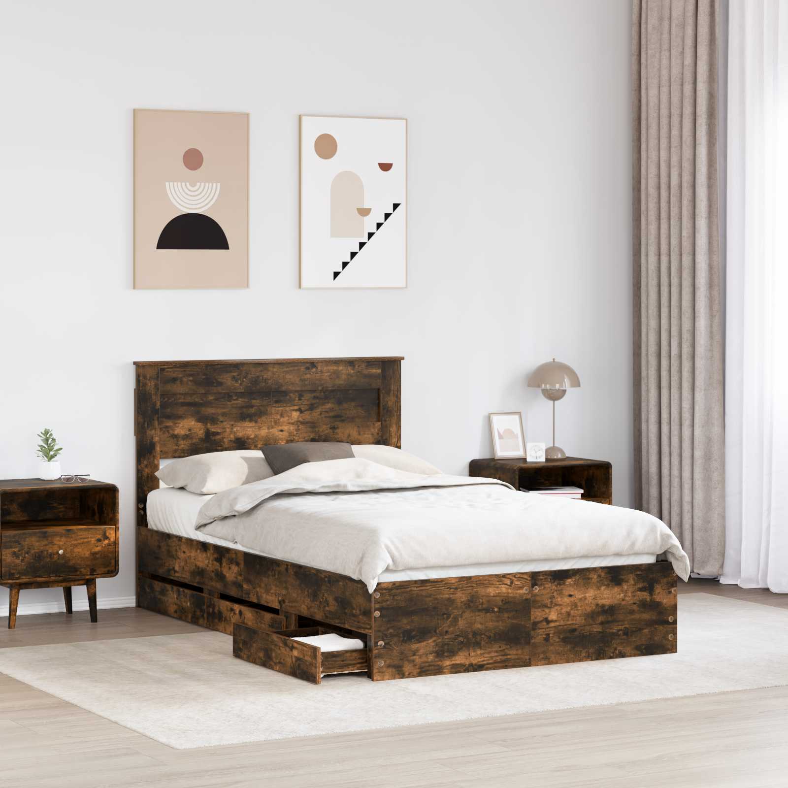 Sengestel med skuffe Røget eg 135 x 190 cm Ingeniørtræ