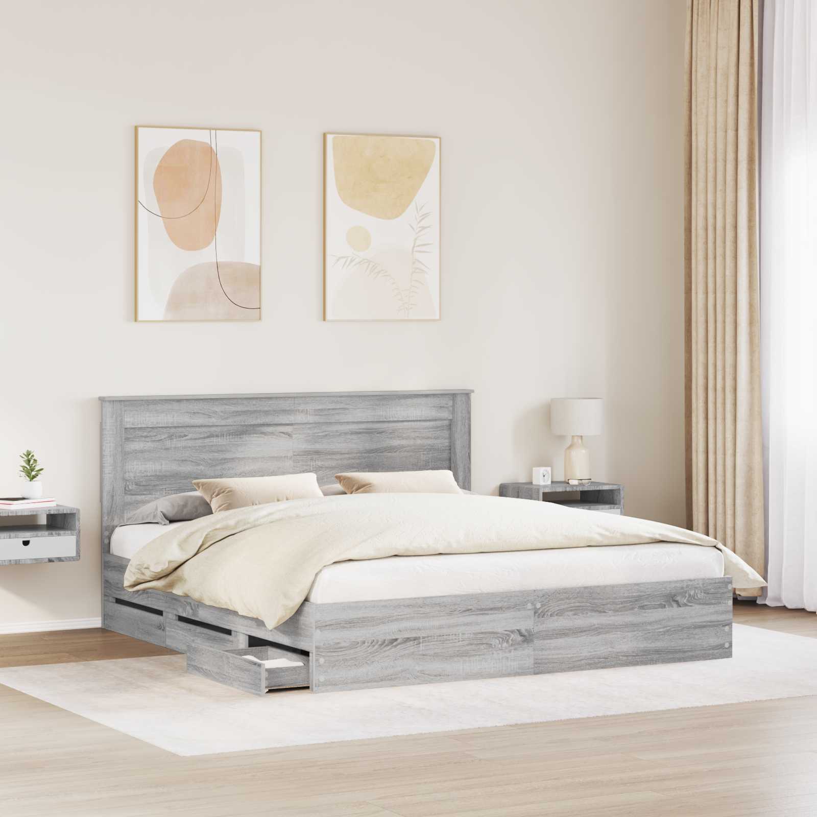 Sengestel med skuffe Grå Sonoma 200 x 200 cm Ingeniørtræ