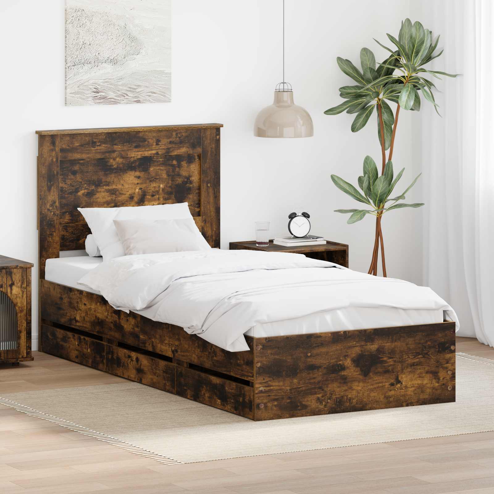 Sengestel med skuffe Røget eg 90 x 200 cm Ingeniørtræ
