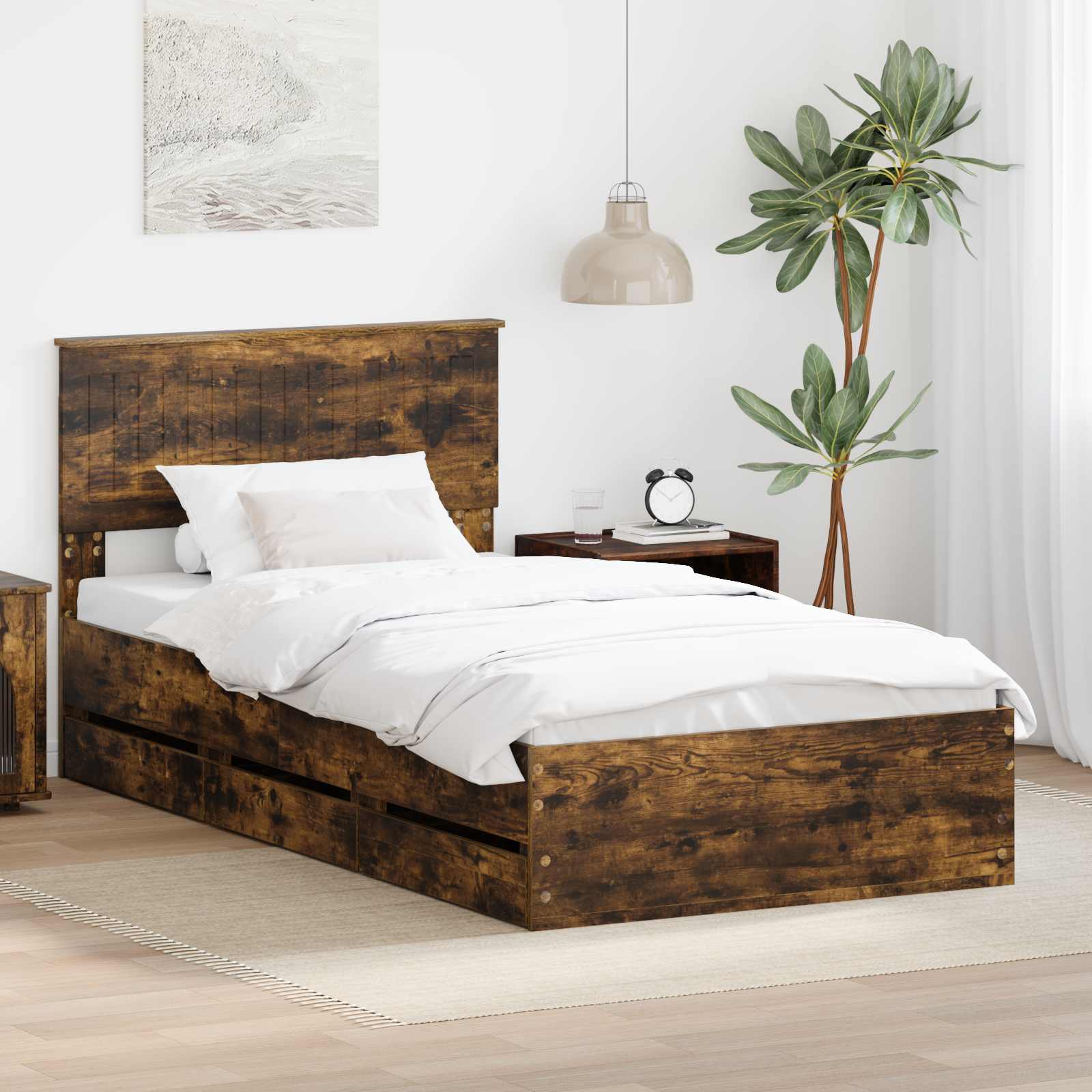 Sengestel med skuffe Røget eg 100 x 200 cm Ingeniørtræ