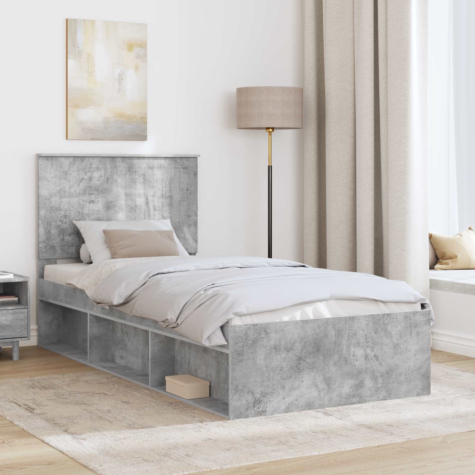Sengestel med hovedgærde Beton 90 x 200 cm Massiv fyrretræ