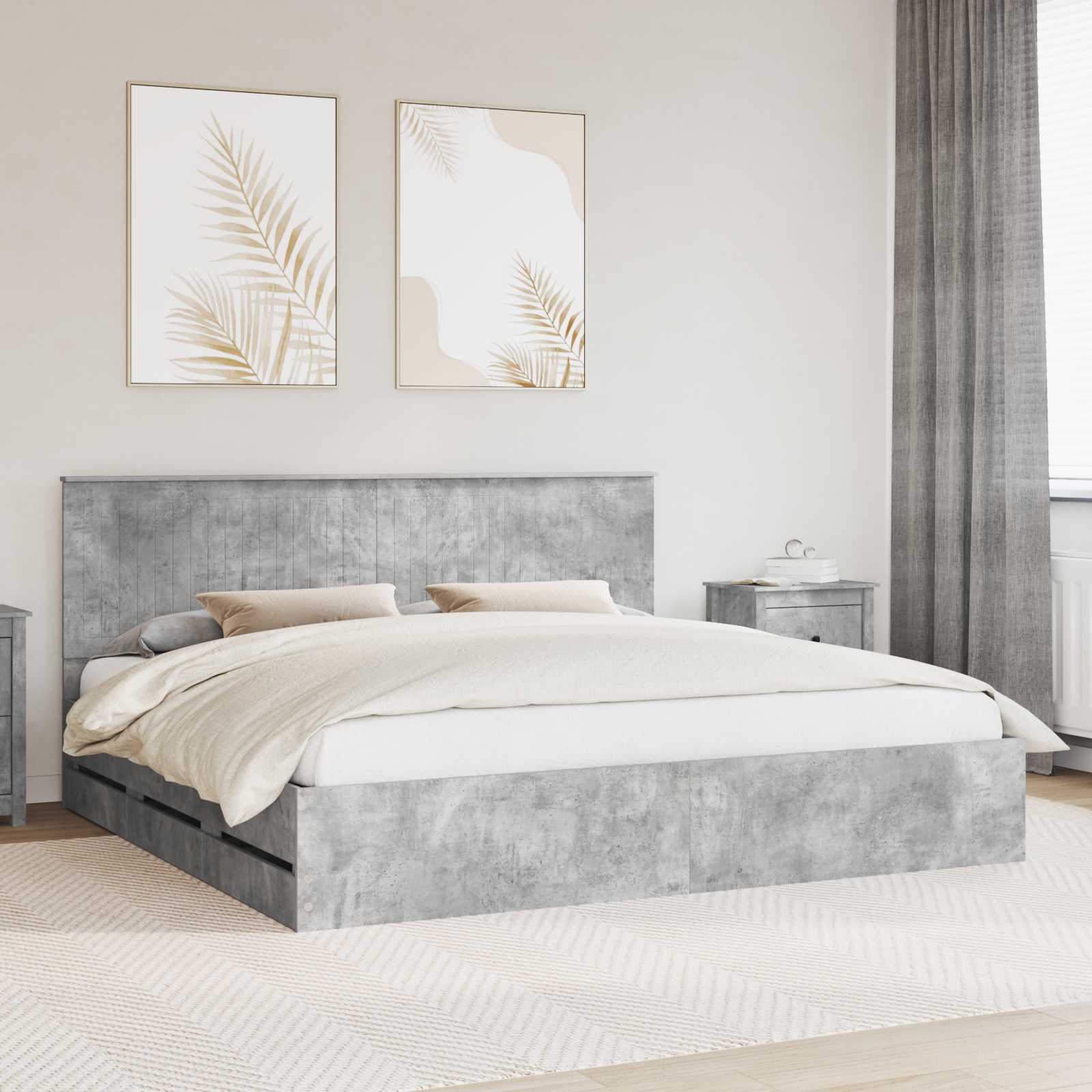 Sengestel med skuffe Beton Grå 200 x 200 cm Ingeniørtræ