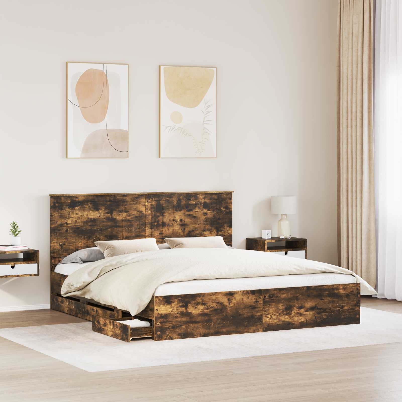Sengestel med skuffe Røget eg 180 x 200 cm Ingeniørtræ