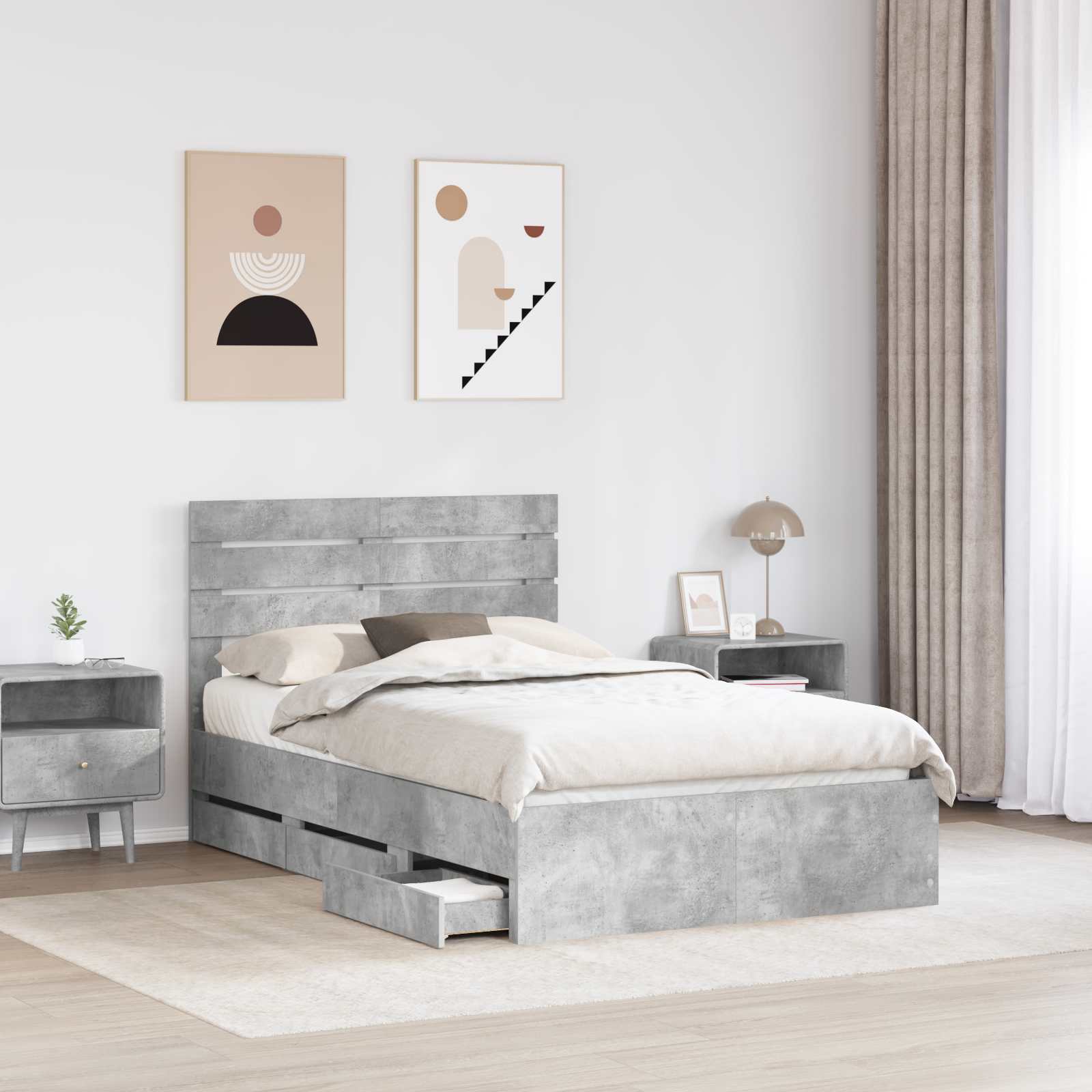 Sengestel med skuffe Beton Grå 135 x 190 cm Ingeniørtræ