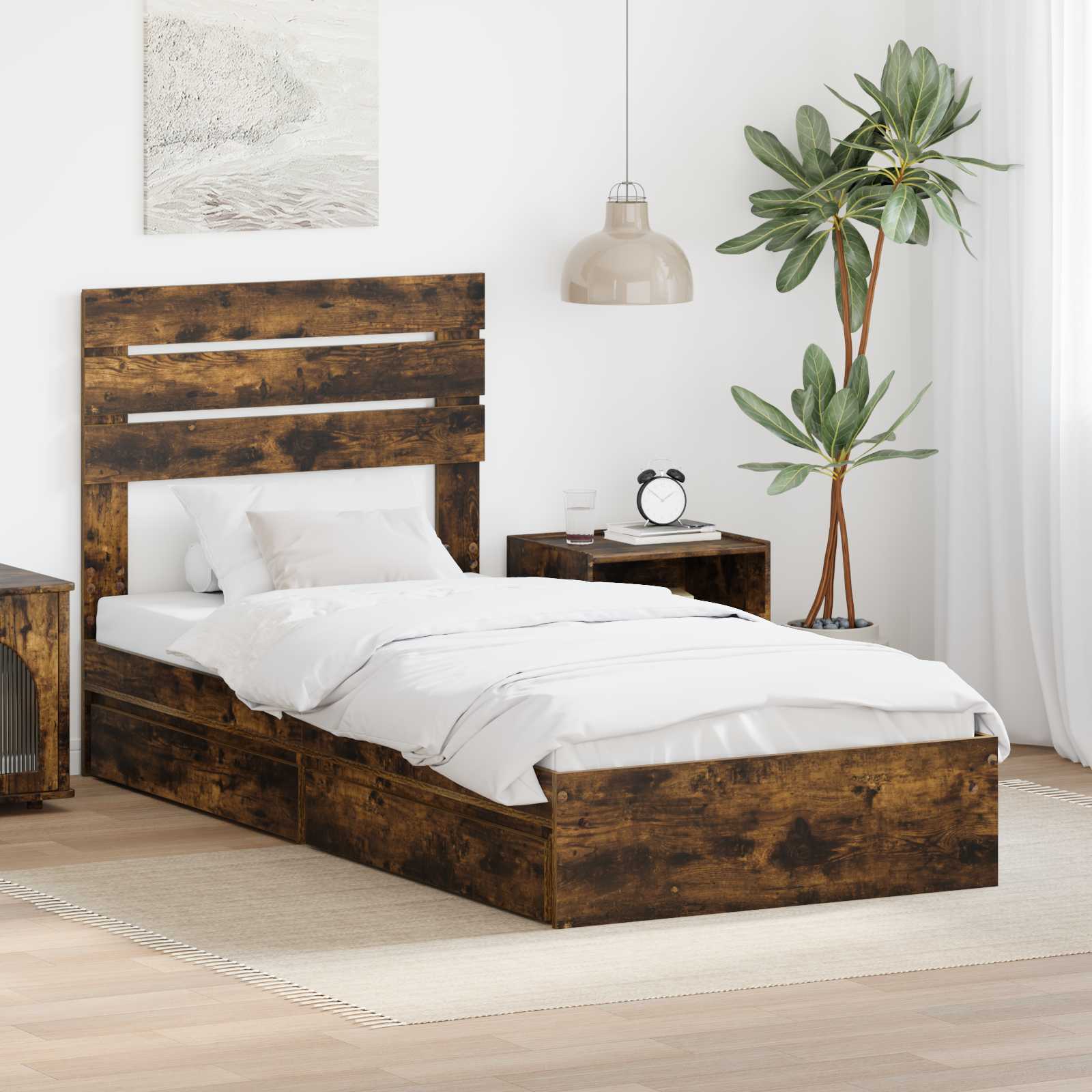 Opbevaringsseng med skuffe Røget eg 90 x 190 cm Konstrueret træ