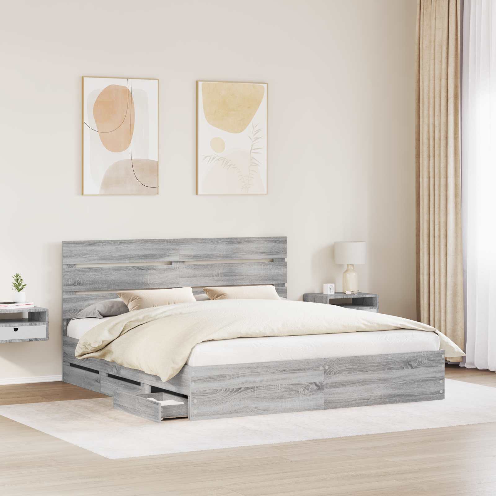 Sengestel med skuffe Grå Sonoma 200 x 200 cm Ingeniørtræ