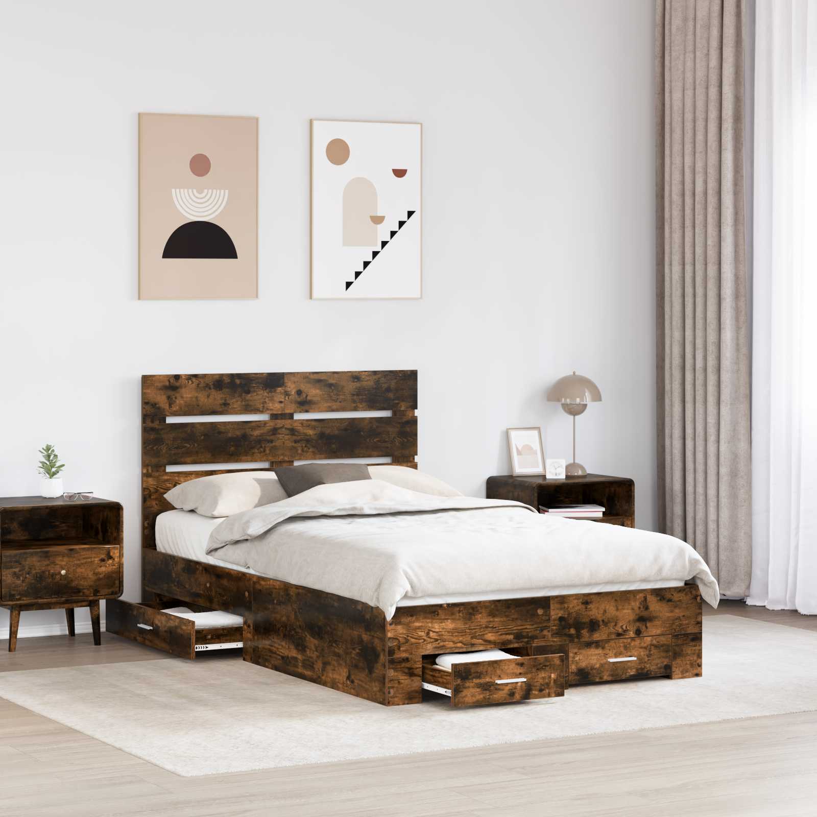 Sengestel med skuffe Røget eg 135 x 190 cm Konstrueret træ